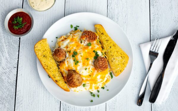 Baked Fettucine Formaggio with Meatballs